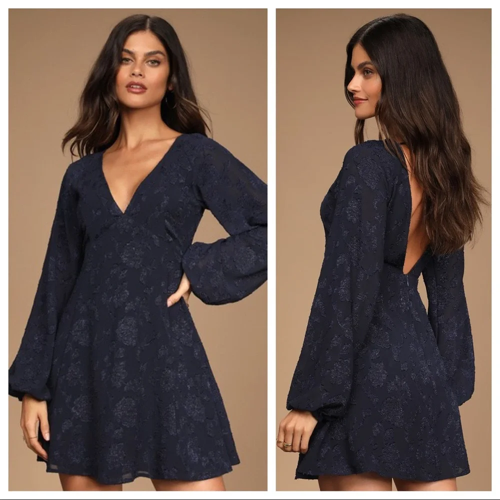 Lulus Chic Ways Navy Blue Floral Jacquard Long Sleeve Mini Dress
